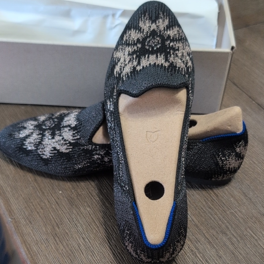 Rothy's Black and Tan Obsidian Flower Patterned Loafers